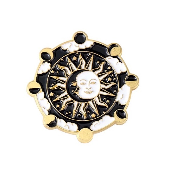 Jewelry - Celestial Sun & Moon Phases Witchy Metal Enamel Black & Gold Pin Brooch